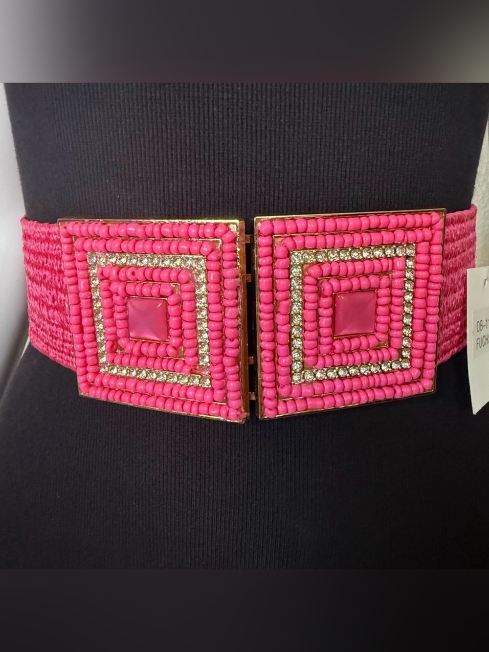 Fuchsia paper waistband stretchy belt with square buckle and rhinestone details
